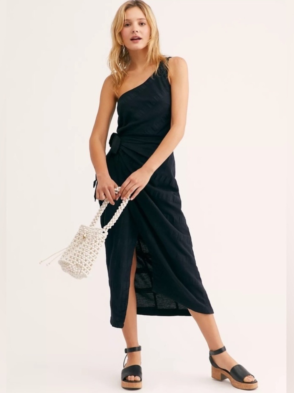 Free People At Leisure Midi Black Yellow One-Shoulder Dress